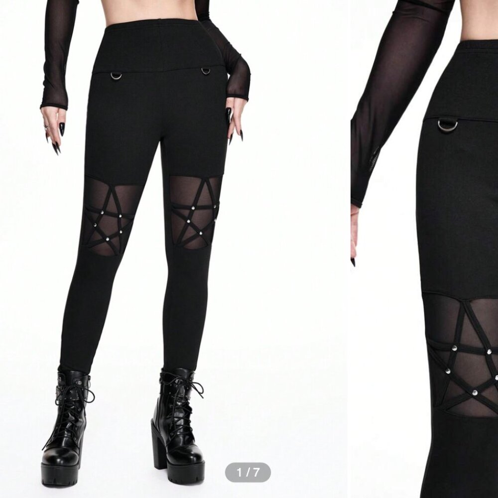 Goth Style Pentagram Rivet Mesh Insert Women Stretchy Leggings